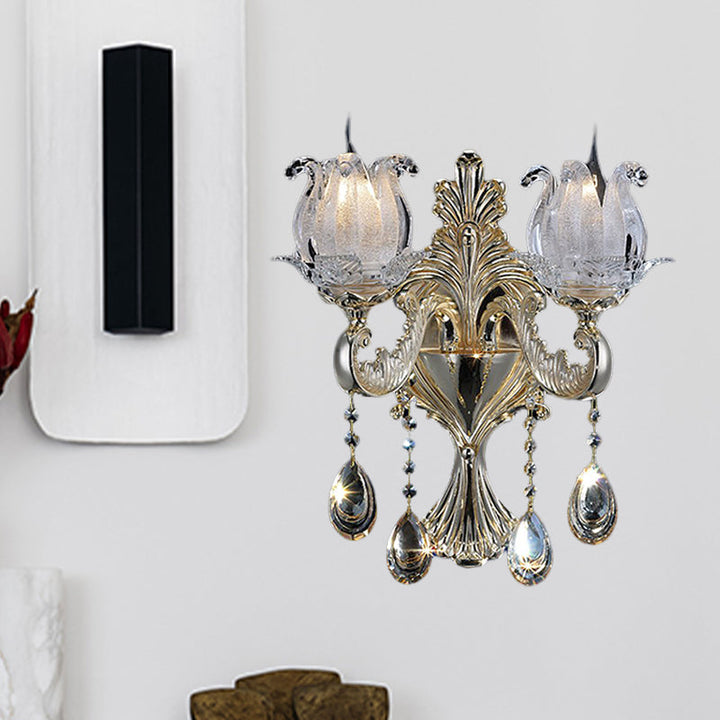 Lisslune | 1/2-Light Frosted Glass Wall Lamp Traditional Gold Semi-Open Flower Living Room Wall-Mounted Light