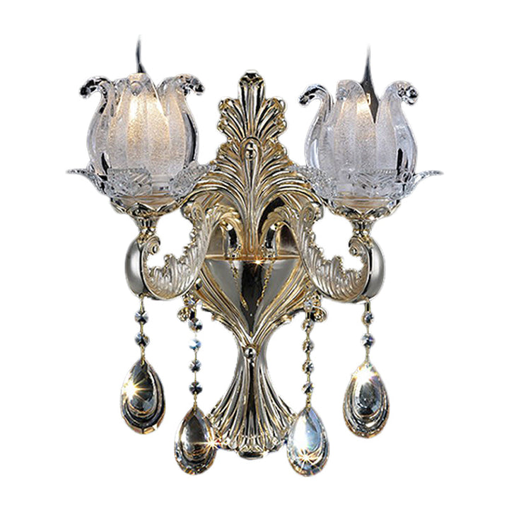 Lisslune | 1/2-Light Frosted Glass Wall Lamp Traditional Gold Semi-Open Flower Living Room Wall-Mounted Light