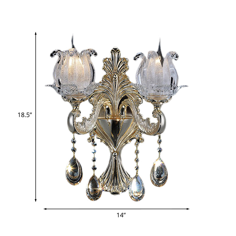 Lisslune | 1/2-Light Frosted Glass Wall Lamp Traditional Gold Semi-Open Flower Living Room Wall-Mounted Light