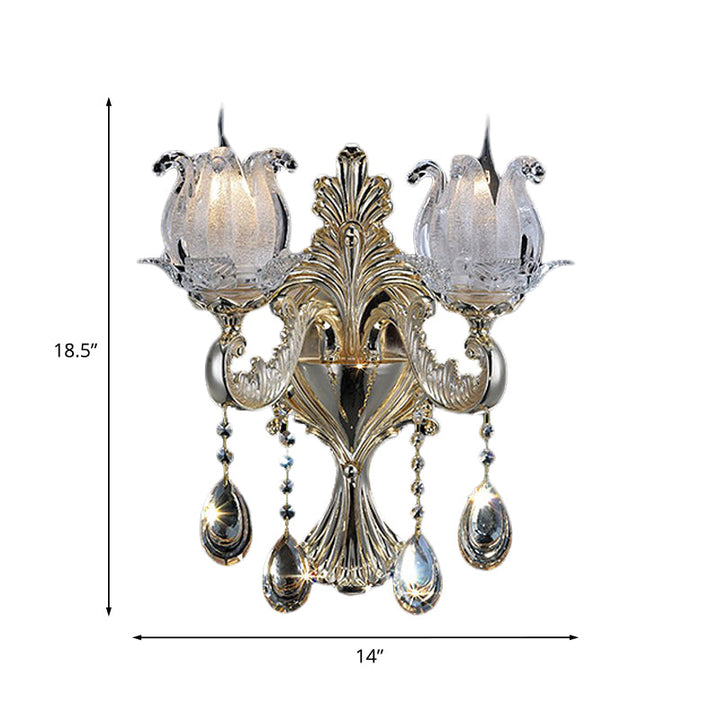 Lisslune | 1/2-Light Frosted Glass Wall Lamp Traditional Gold Semi-Open Flower Living Room Wall-Mounted Light