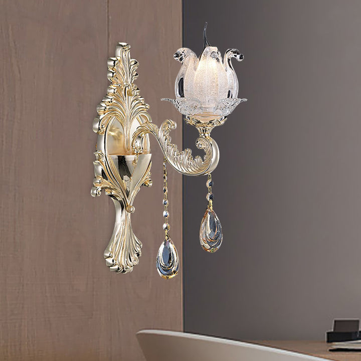 Lisslune | 1/2-Light Frosted Glass Wall Lamp Traditional Gold Semi-Open Flower Living Room Wall-Mounted Light
