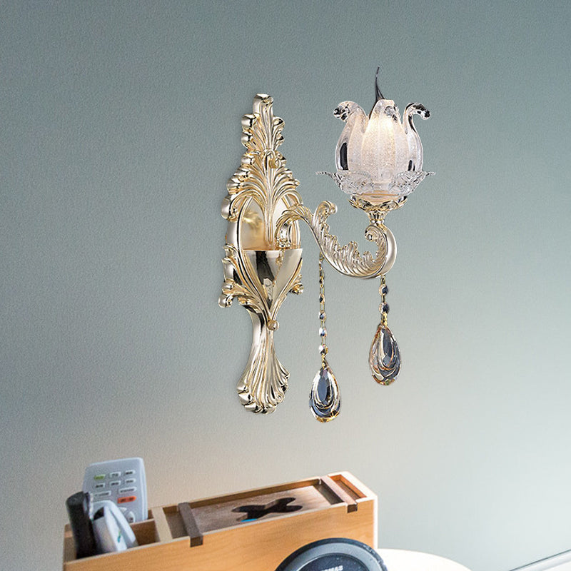 Lisslune | 1/2-Light Frosted Glass Wall Lamp Traditional Gold Semi-Open Flower Living Room Wall-Mounted Light