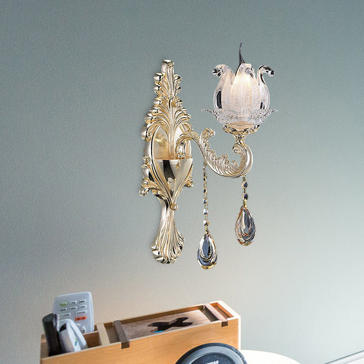 Lisslune | 1/2-Light Frosted Glass Wall Lamp Traditional Gold Semi-Open Flower Living Room Wall-Mounted Light