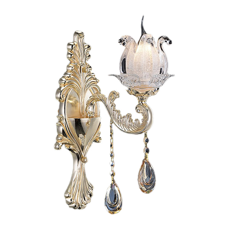 Lisslune | 1/2-Light Frosted Glass Wall Lamp Traditional Gold Semi-Open Flower Living Room Wall-Mounted Light