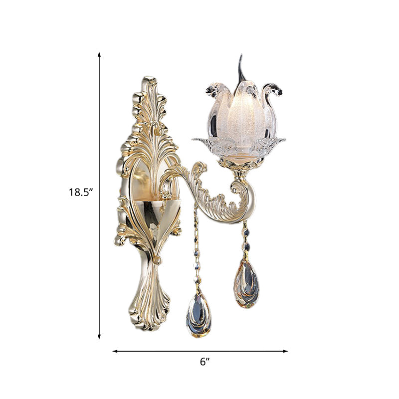 Lisslune | 1/2-Light Frosted Glass Wall Lamp Traditional Gold Semi-Open Flower Living Room Wall-Mounted Light