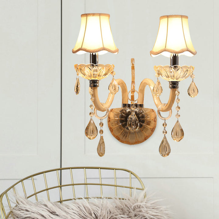 Lisslune | Amber Glass Candle Wall Light Traditional 1/2-Bulb Bedroom Wall Light with Waved Fabric Shade