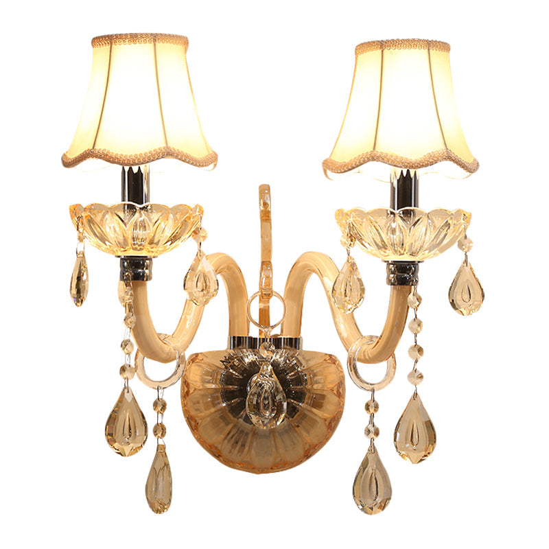 Lisslune | Amber Glass Candle Wall Light Traditional 1/2-Bulb Bedroom Wall Light with Waved Fabric Shade