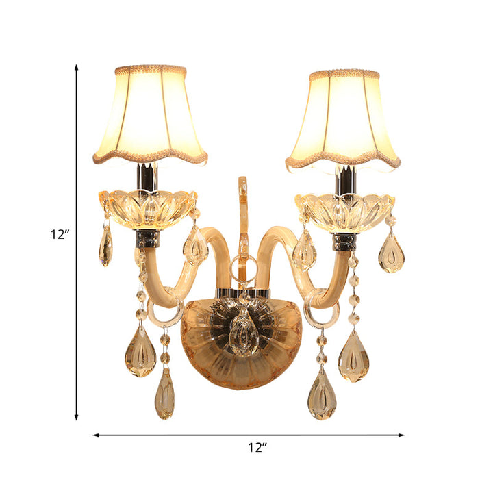 Lisslune | Amber Glass Candle Wall Light Traditional 1/2-Bulb Bedroom Wall Light with Waved Fabric Shade