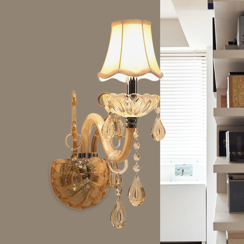 Lisslune | Amber Glass Candle Wall Light Traditional 1/2-Bulb Bedroom Wall Light with Waved Fabric Shade