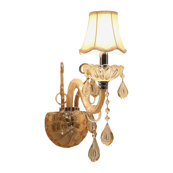 Lisslune | Amber Glass Candle Wall Light Traditional 1/2-Bulb Bedroom Wall Light with Waved Fabric Shade