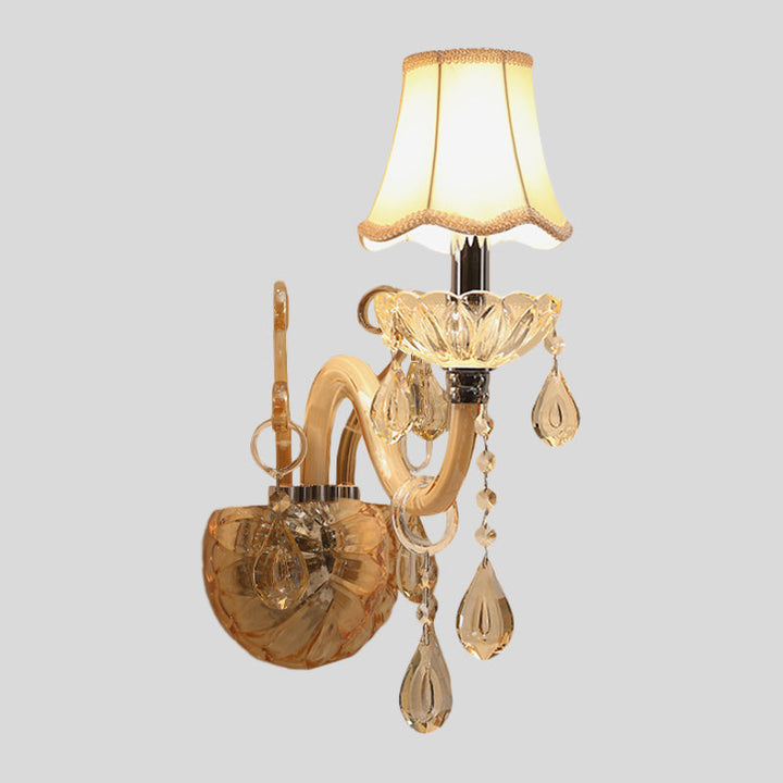 Lisslune | Amber Glass Candle Wall Light Traditional 1/2-Bulb Bedroom Wall Light with Waved Fabric Shade