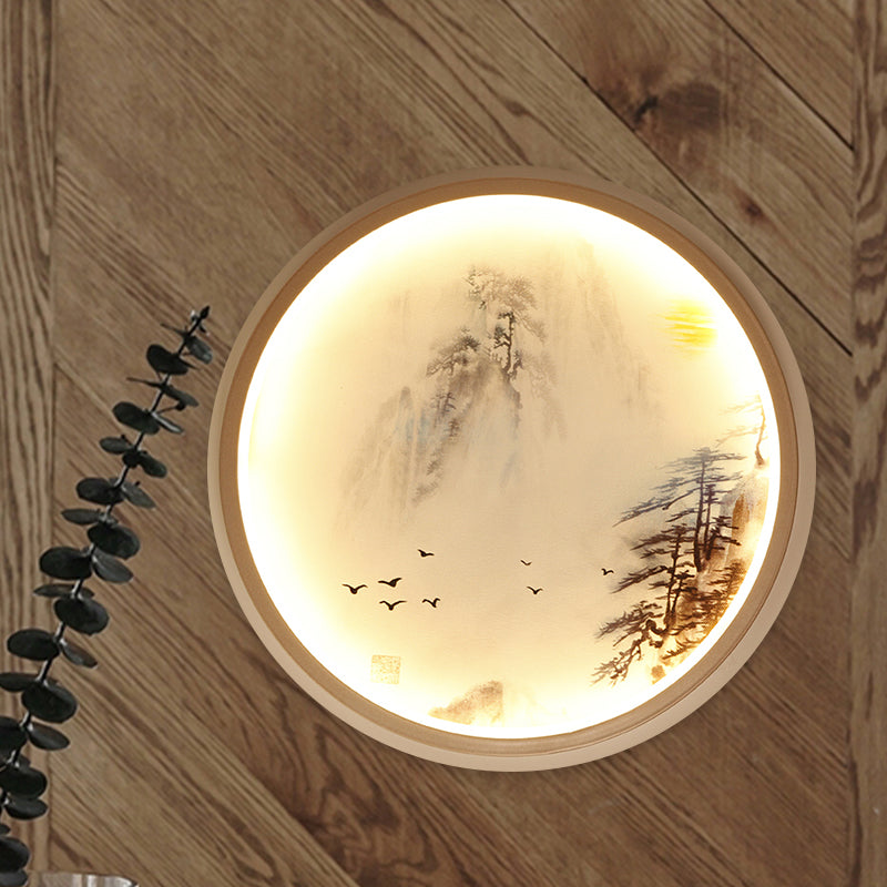 Skørter | White round wall-mounted lighting Asian style LED metal wall lamp with pine tree and bird pattern