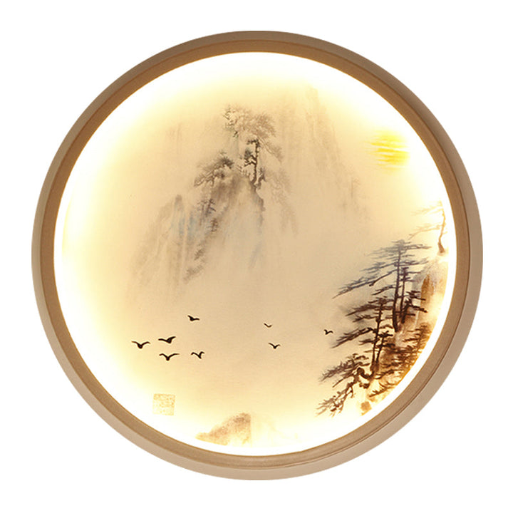 Skørter | White round wall-mounted lighting Asian style LED metal wall lamp with pine tree and bird pattern