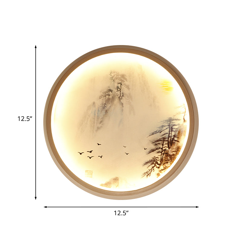 Skørter | White round wall-mounted lighting Asian style LED metal wall lamp with pine tree and bird pattern