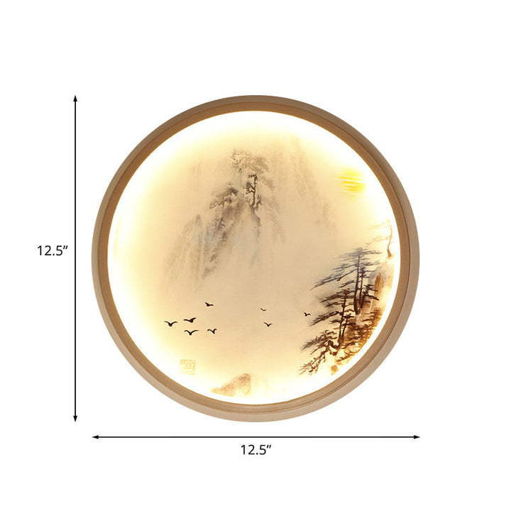 Skørter | White round wall-mounted lighting Asian style LED metal wall lamp with pine tree and bird pattern