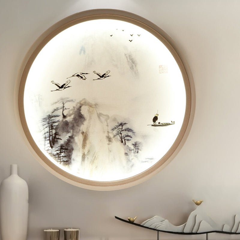Skørter | White round wall-mounted lighting Asian style LED metal wall lamp with pine tree and bird pattern