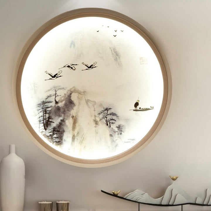 Skørter | White round wall-mounted lighting Asian style LED metal wall lamp with pine tree and bird pattern
