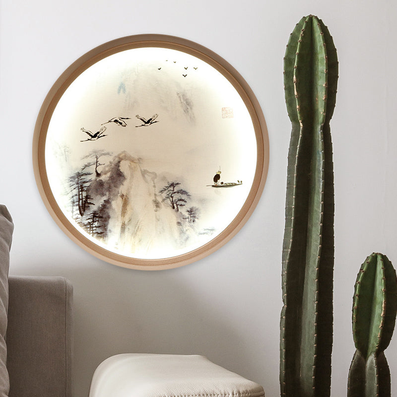 Skørter | White round wall-mounted lighting Asian style LED metal wall lamp with pine tree and bird pattern