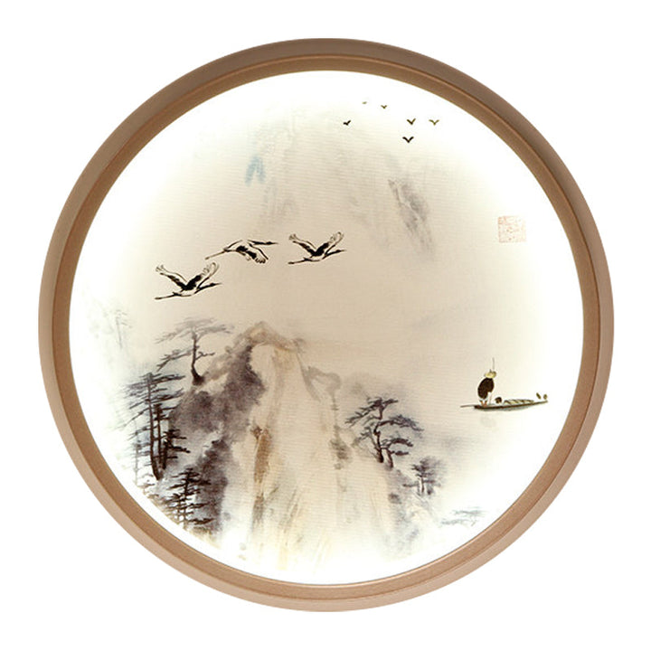 Skørter | White round wall-mounted lighting Asian style LED metal wall lamp with pine tree and bird pattern