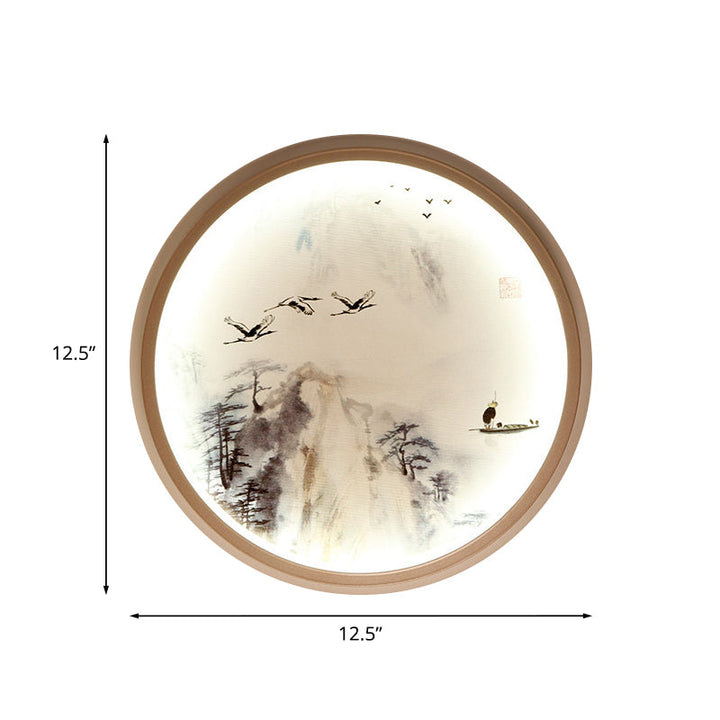 Skørter | White round wall-mounted lighting Asian style LED metal wall lamp with pine tree and bird pattern