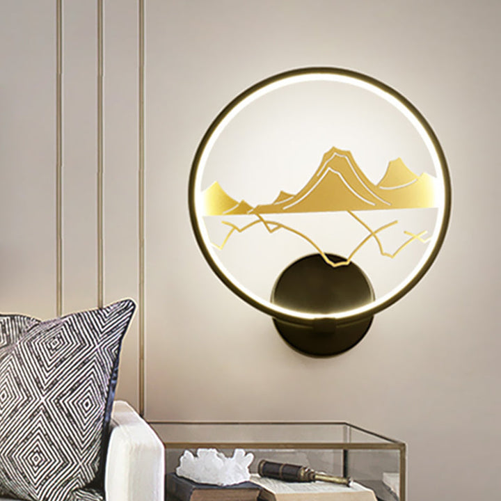 Skørter | Black round wall-mounted light in Asian style LED acrylic wall painting lamp with mountain pattern