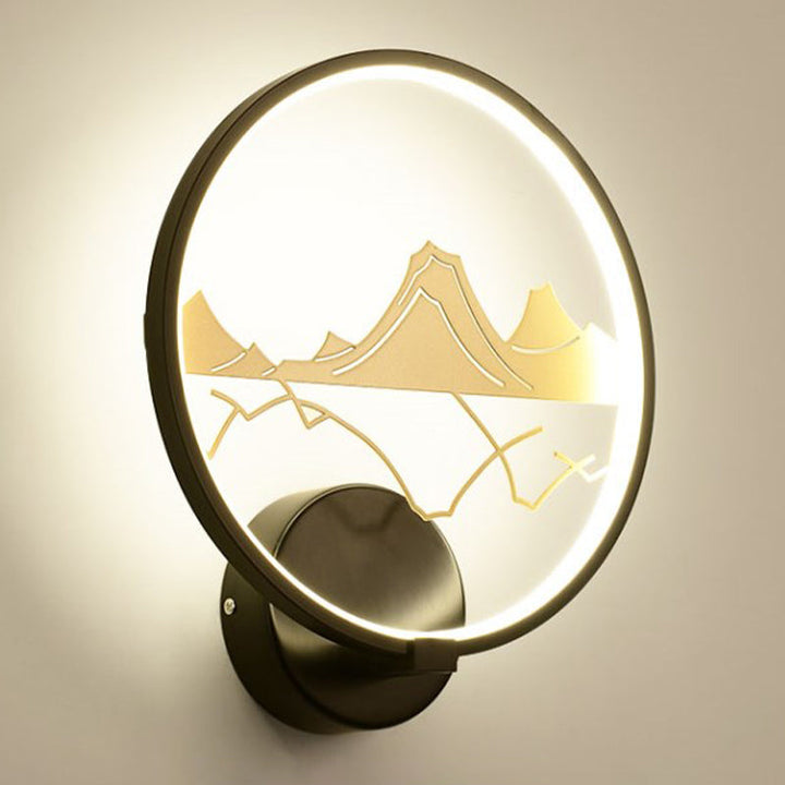 Skørter | Black round wall-mounted light in Asian style LED acrylic wall painting lamp with mountain pattern