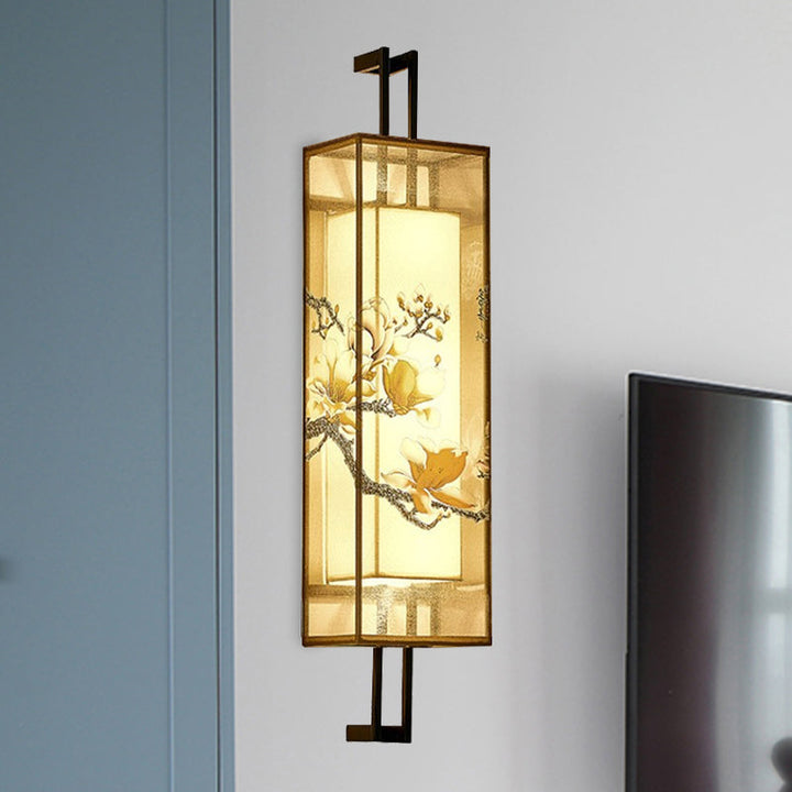 Skørter | Oriental Style Cuboid Shaped Fabric Wall Lamp 2 Heads Wall Light in Black with Lotus Leaf/Branch Pattern