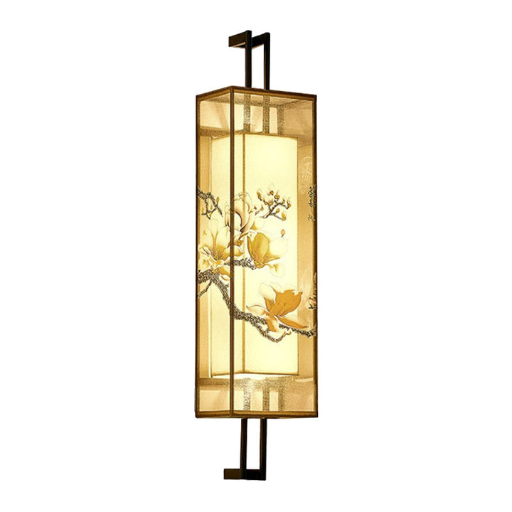 Skørter | Oriental Style Cuboid Shaped Fabric Wall Lamp 2 Heads Wall Light in Black with Lotus Leaf/Branch Pattern