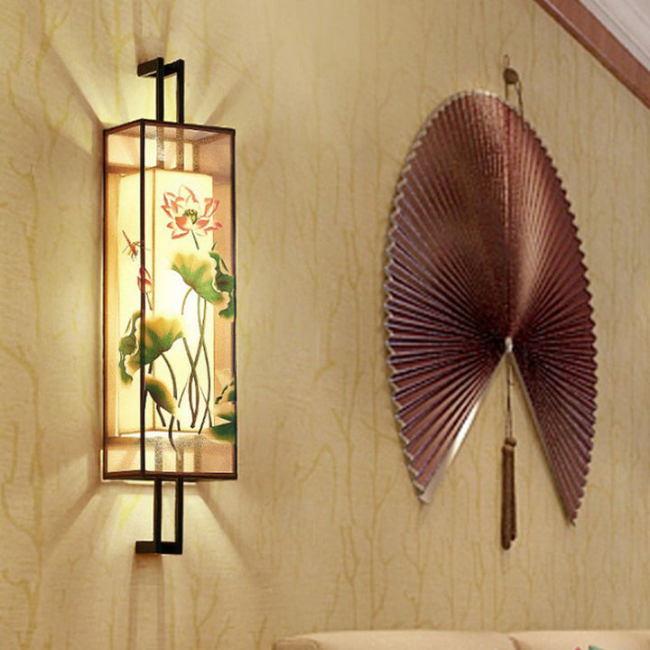 Skørter | Oriental Style Cuboid Shaped Fabric Wall Lamp 2 Heads Wall Light in Black with Lotus Leaf/Branch Pattern