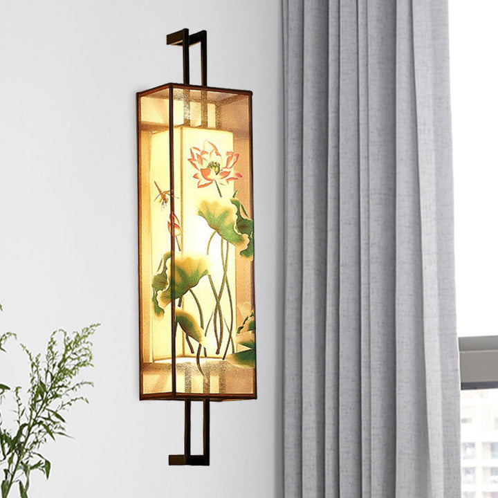 Skørter | Oriental Style Cuboid Shaped Fabric Wall Lamp 2 Heads Wall Light in Black with Lotus Leaf/Branch Pattern