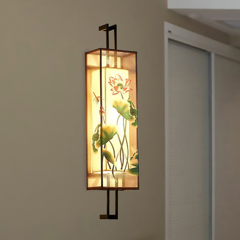 Skørter | Oriental Style Cuboid Shaped Fabric Wall Lamp 2 Heads Wall Light in Black with Lotus Leaf/Branch Pattern