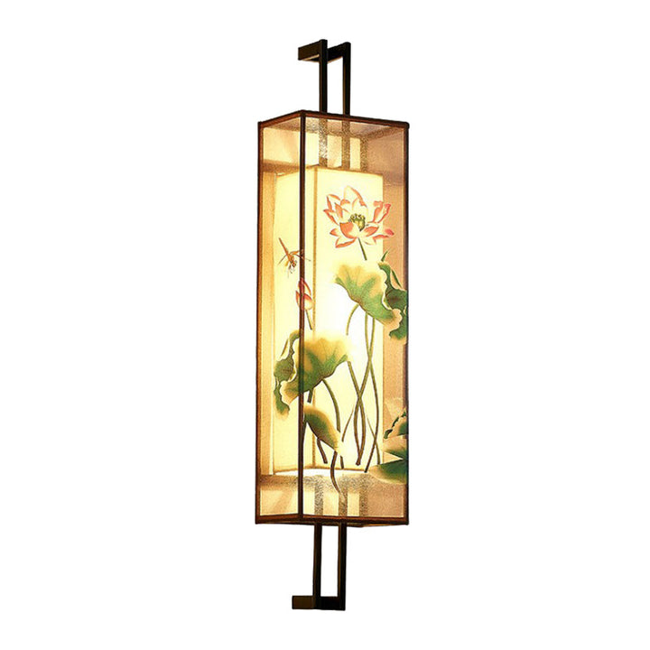 Skørter | Oriental Style Cuboid Shaped Fabric Wall Lamp 2 Heads Wall Light in Black with Lotus Leaf/Branch Pattern