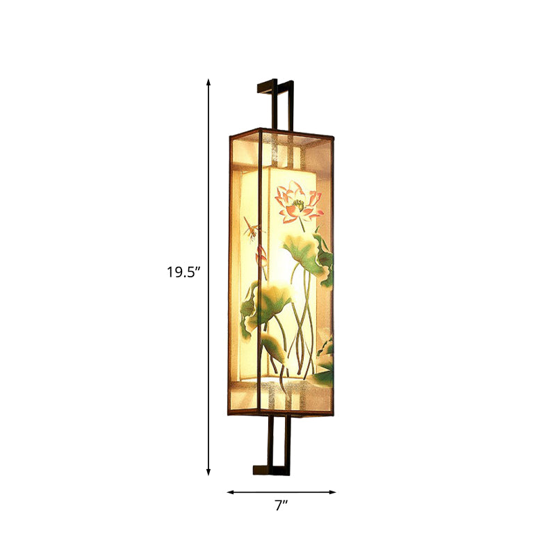 Skørter | Oriental Style Cuboid Shaped Fabric Wall Lamp 2 Heads Wall Light in Black with Lotus Leaf/Branch Pattern