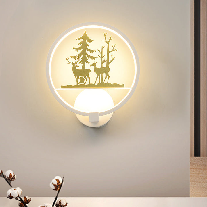 Lisslune | Circular Acrylic Moose and Tree Wall Light Nordic Style LED White Wall Mural Lamp for Bedroom