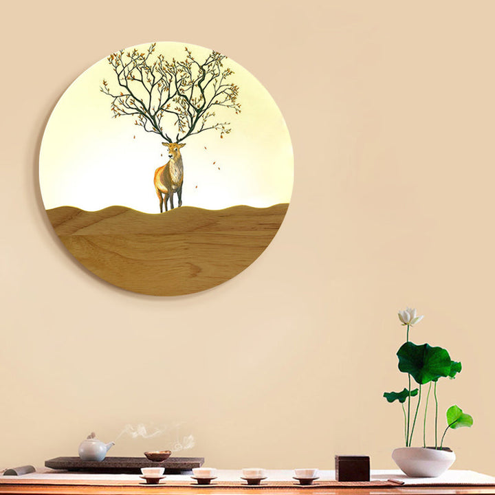 Skørter | LED Night Wall Lighting Idea Minimalist Style Wood Moose Deer and Tree Pattern Wall Lamp with Round Metal Shade