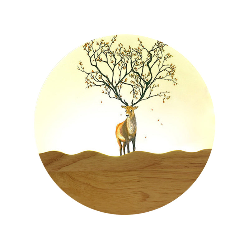 Skørter | LED Night Wall Lighting Idea Minimalist Style Wood Moose Deer and Tree Pattern Wall Lamp with Round Metal Shade