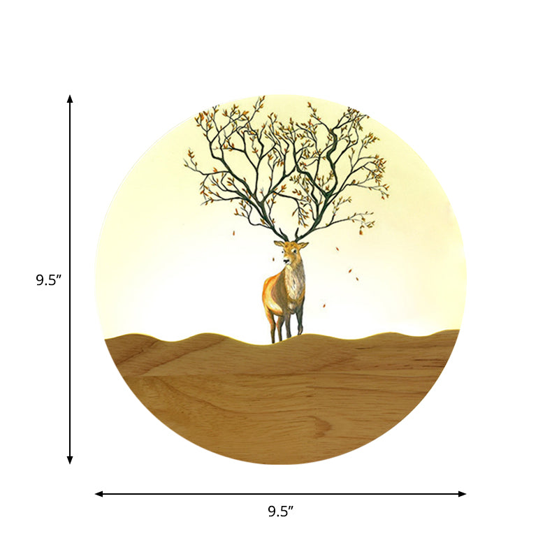 Skørter | LED Night Wall Lighting Idea Minimalist Style Wood Moose Deer and Tree Pattern Wall Lamp with Round Metal Shade