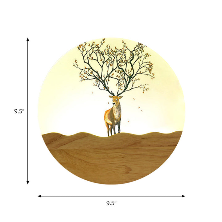 Skørter | LED Night Wall Lighting Idea Minimalist Style Wood Moose Deer and Tree Pattern Wall Lamp with Round Metal Shade