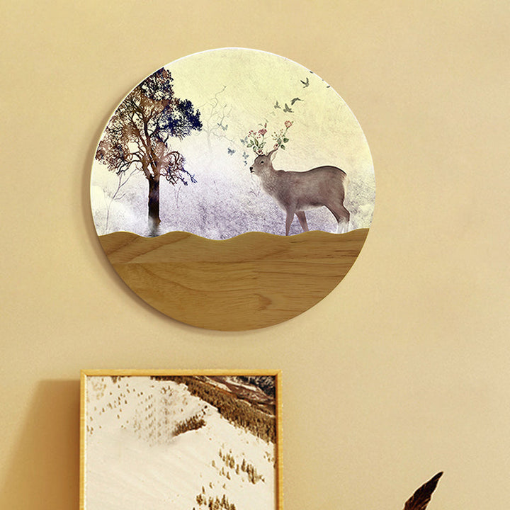 Skørter | LED Night Wall Lighting Idea Minimalist Style Wood Moose Deer and Tree Pattern Wall Lamp with Round Metal Shade