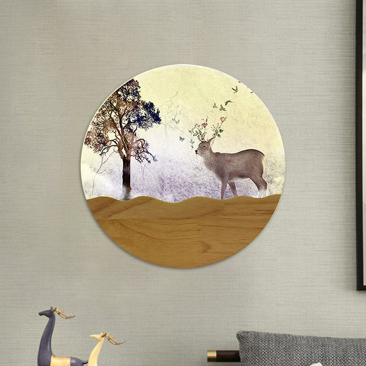 Skørter | LED Night Wall Lighting Idea Minimalist Style Wood Moose Deer and Tree Pattern Wall Lamp with Round Metal Shade