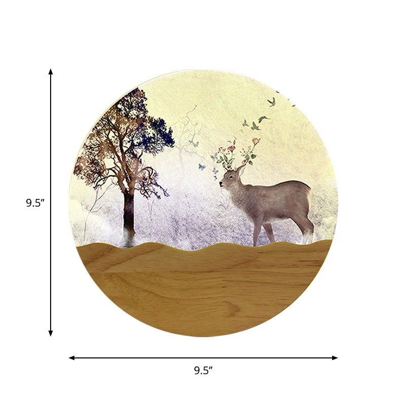 Skørter | LED Night Wall Lighting Idea Minimalist Style Wood Moose Deer and Tree Pattern Wall Lamp with Round Metal Shade