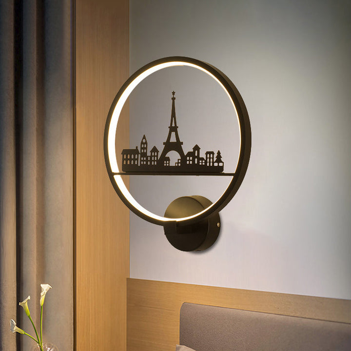 Skørter | White/Black Round Wall Lamp Nordic LED Metal Wall-Mounted Lighting Fixture with Eiffel Tower/Set Pattern