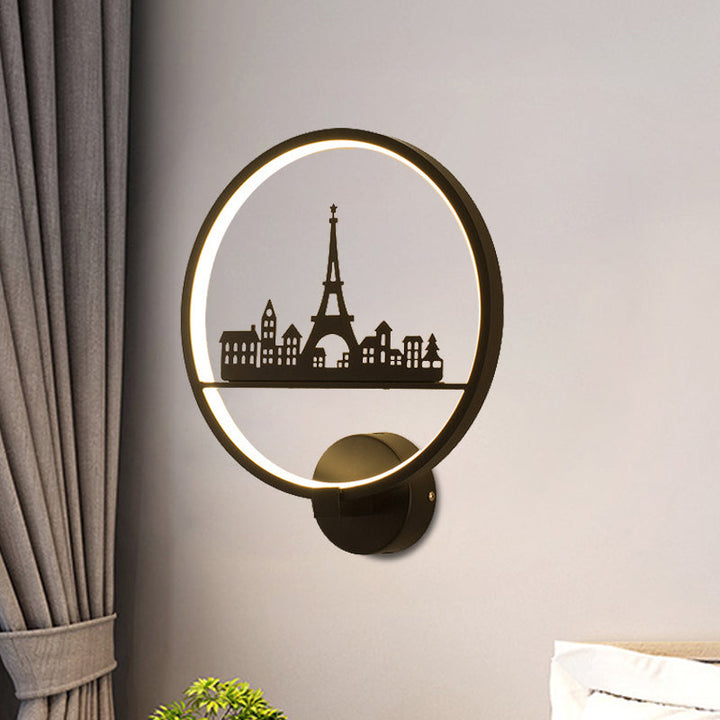 Skørter | White/Black Round Wall Lamp Nordic LED Metal Wall-Mounted Lighting Fixture with Eiffel Tower/Set Pattern