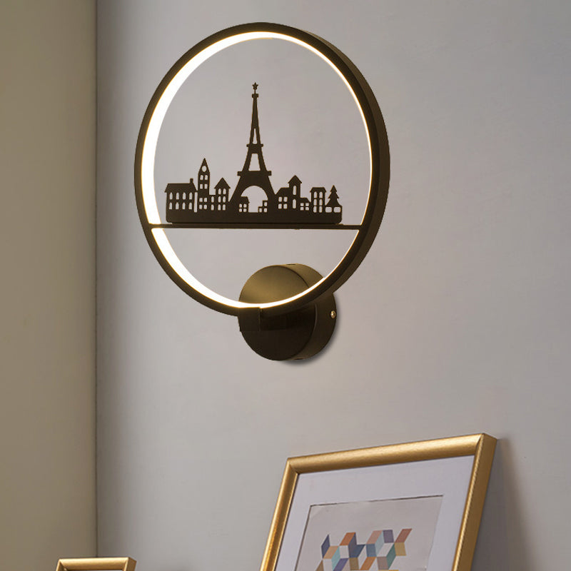 Skørter | White/Black Round Wall Lamp Nordic LED Metal Wall-Mounted Lighting Fixture with Eiffel Tower/Set Pattern