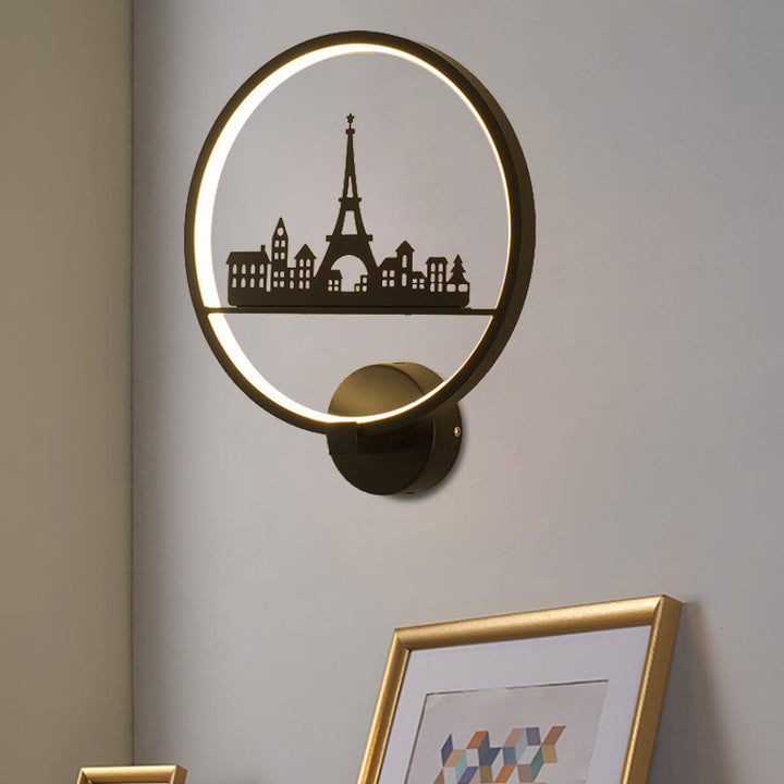Skørter | White/Black Round Wall Lamp Nordic LED Metal Wall-Mounted Lighting Fixture with Eiffel Tower/Set Pattern