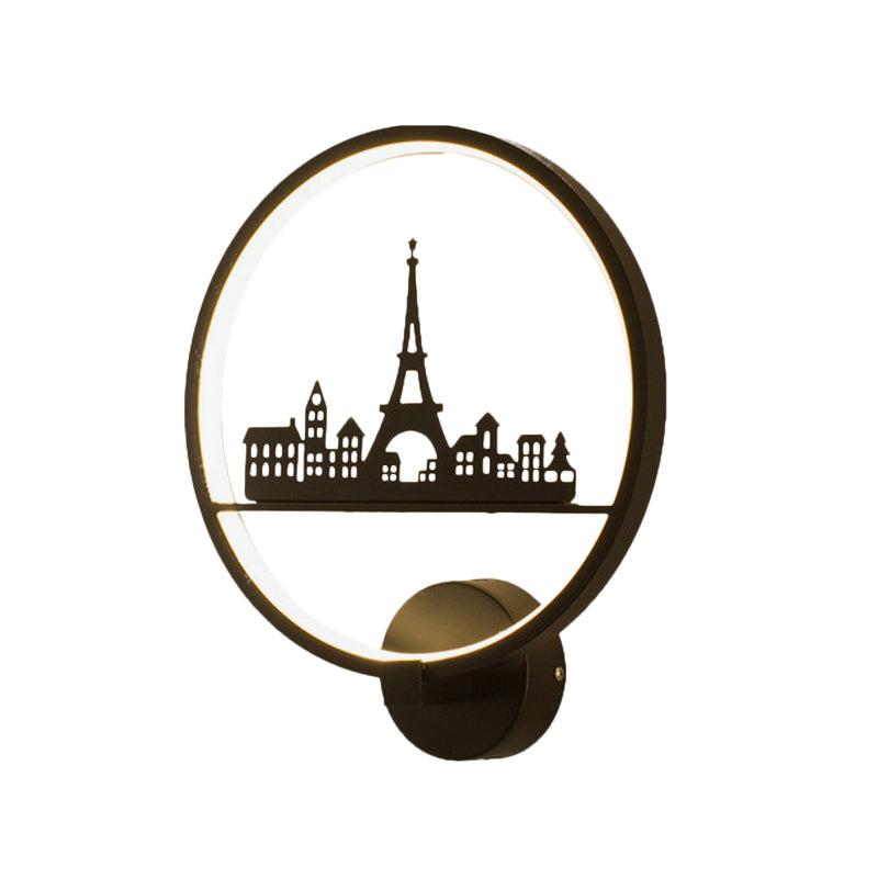 Skørter | White/Black Round Wall Lamp Nordic LED Metal Wall-Mounted Lighting Fixture with Eiffel Tower/Set Pattern