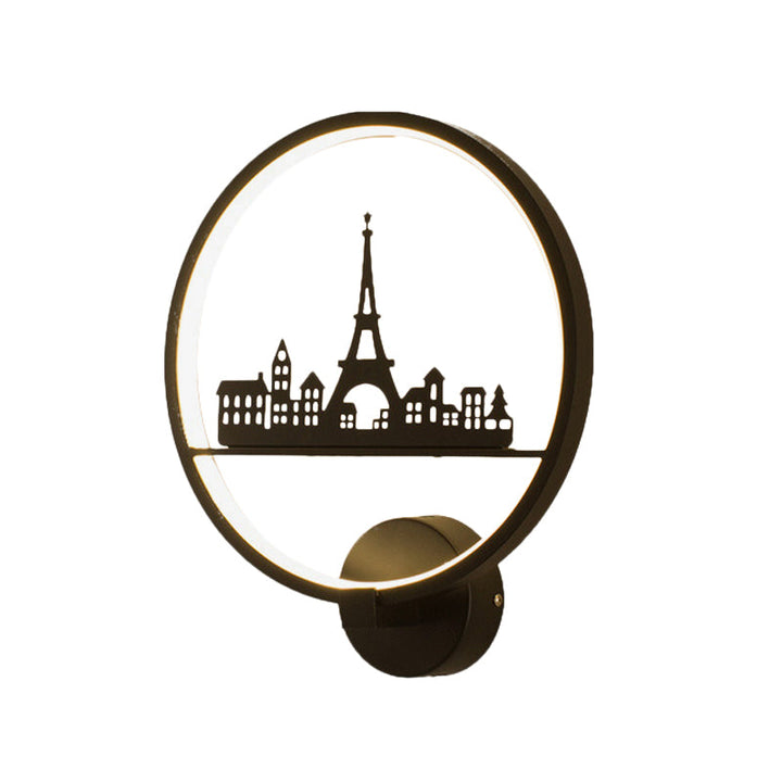 Skørter | White/Black Round Wall Lamp Nordic LED Metal Wall-Mounted Lighting Fixture with Eiffel Tower/Set Pattern