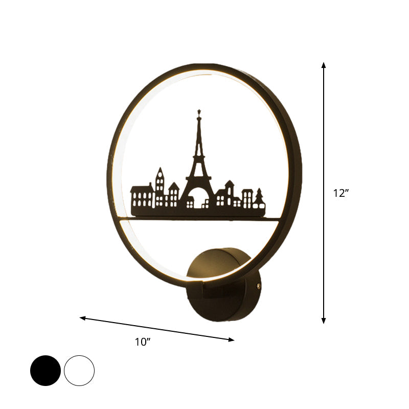 Skørter | White/Black Round Wall Lamp Nordic LED Metal Wall-Mounted Lighting Fixture with Eiffel Tower/Set Pattern