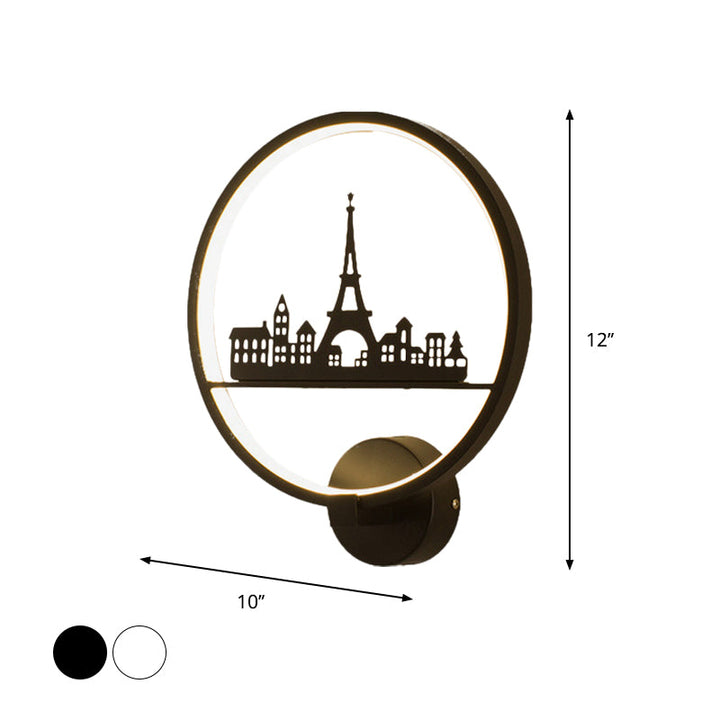 Skørter | White/Black Round Wall Lamp Nordic LED Metal Wall-Mounted Lighting Fixture with Eiffel Tower/Set Pattern