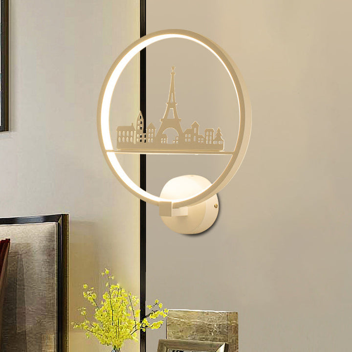 Skørter | White/Black Round Wall Lamp Nordic LED Metal Wall-Mounted Lighting Fixture with Eiffel Tower/Set Pattern